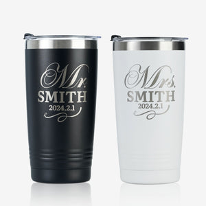 Personalized Wedding Gifts for Couples - Customize Name and Date on Stainless Steel Tumblers (Set of 2)