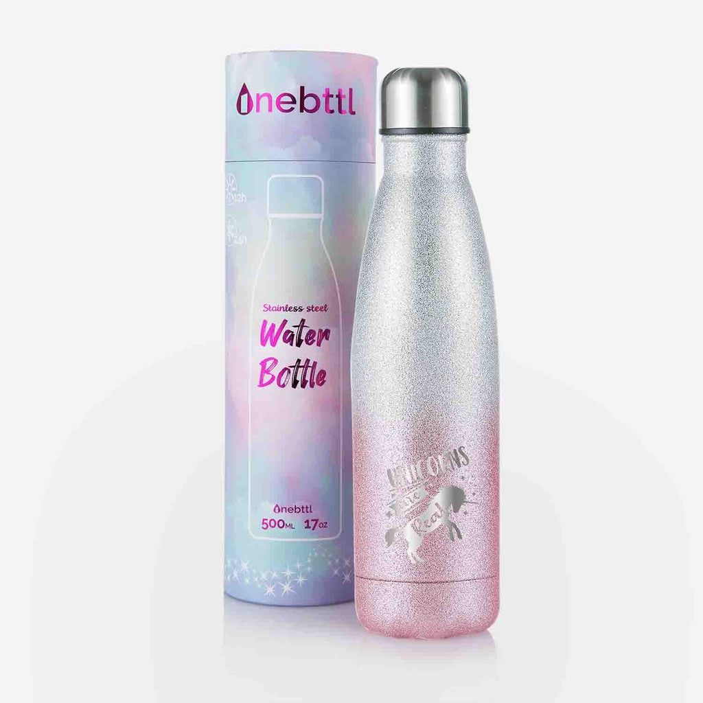 Hot Pink Glitter Galaxy Stars Water Bottle by 2sweet4words Designs