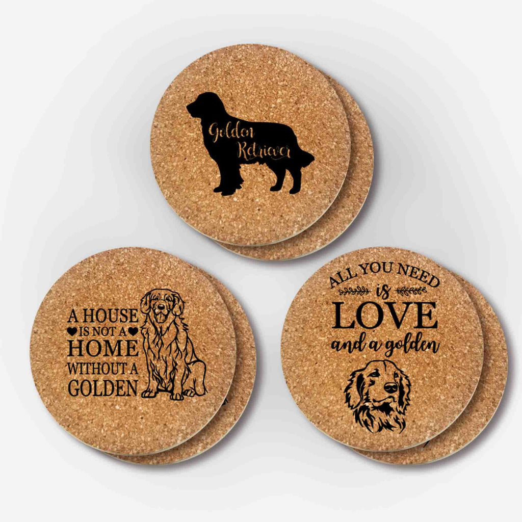 Golden Retriever Dog Cork Coasters Gifts (3 Styles, 6 Pieces)