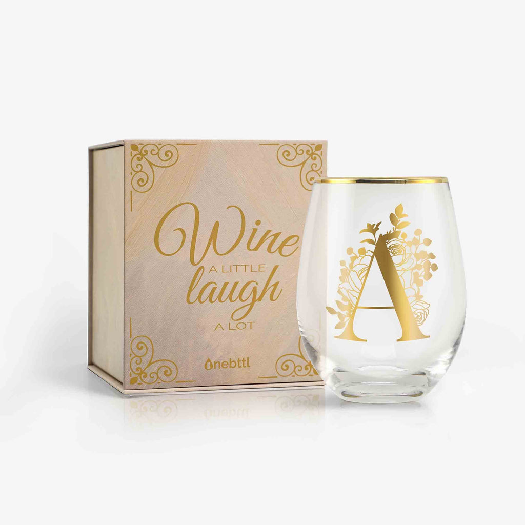 Monogrammed Initial Wine Glasses | Onebttl Stemless Wine Glasses with Gold  Print Initial